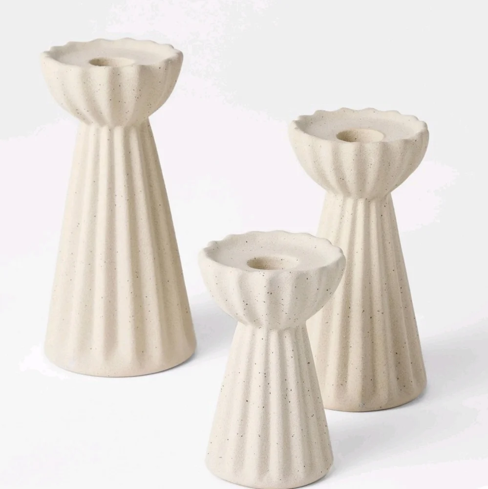 Last Day! Studio Mcgee Ceramic Ribbed Taper Candle Holders Set Beige Threshold - Picture 1 of 12